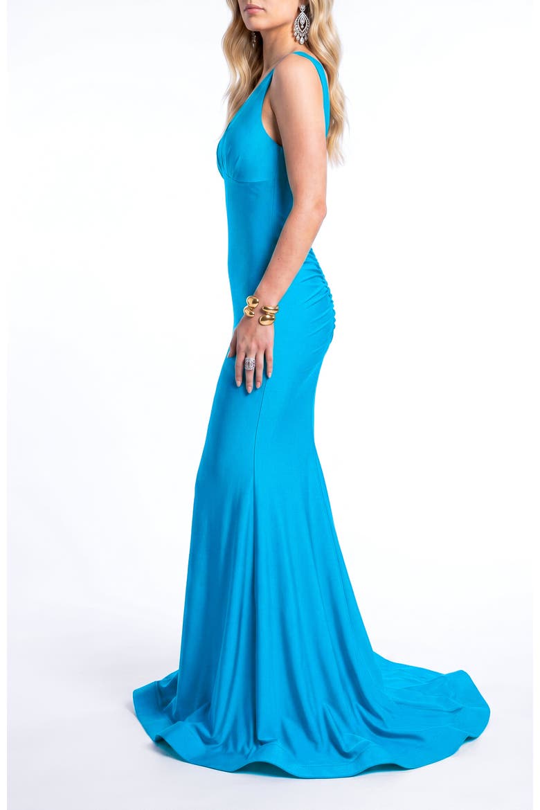 Plunging Low-Back Mermaid Evening Gown With Train, Alternate, color, Turquoise