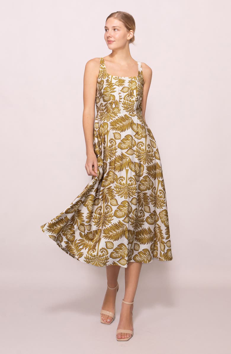 MELLODAY Sleeveless Fit & Flare Midi Dress, Alternate, color, Olive Leaf Print