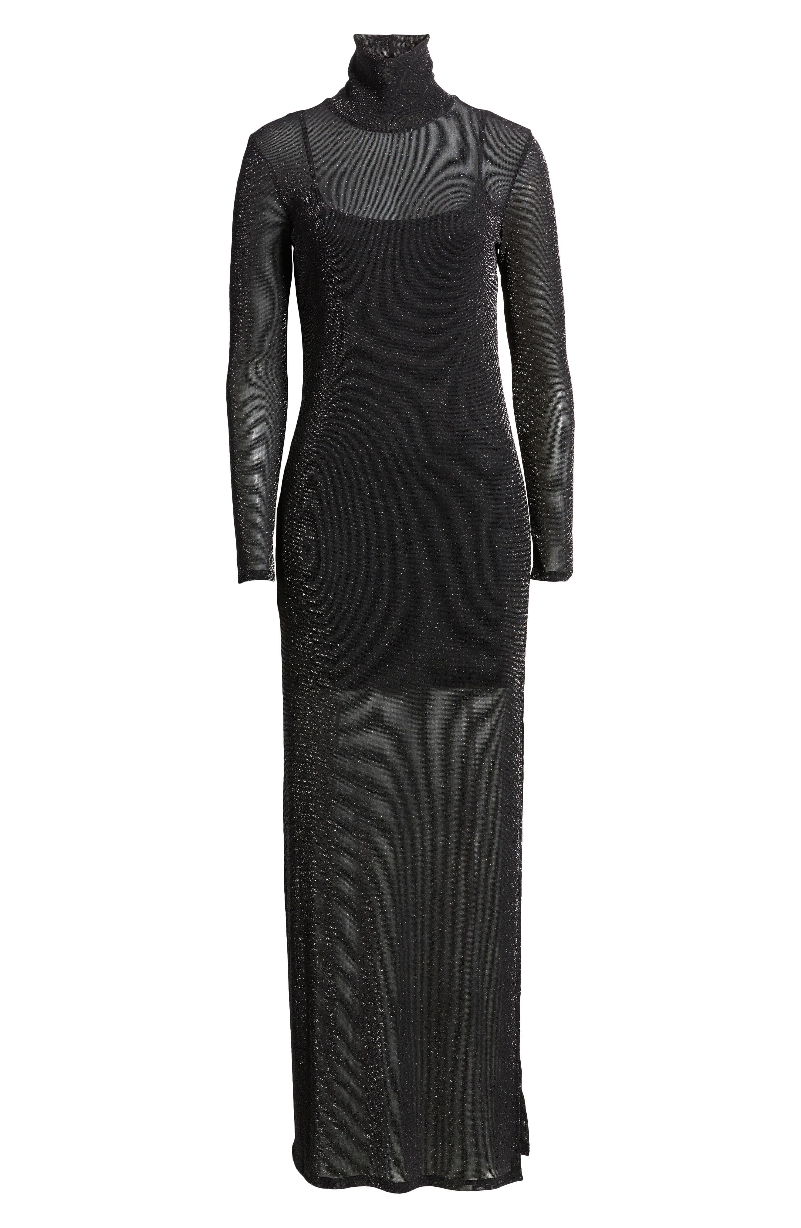 metallic long sleeve stretch mesh maxi dress Maret