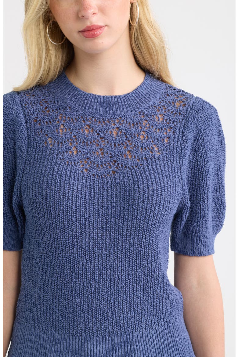 Pointelle Short Sleeve Cotton Sweater, Alternate, color, BLUE INDIGO