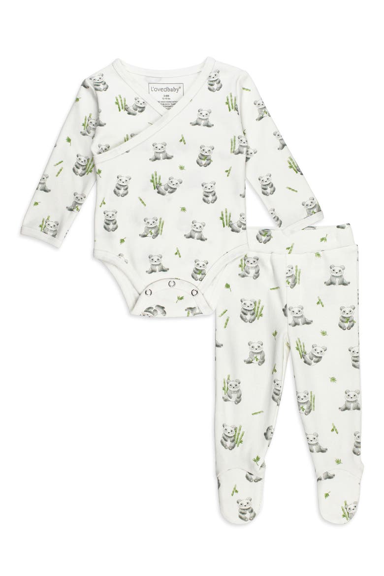Panda Print Organic Cotton Faux Wrap Bodysuit & Footed Pants, Main, color, BABY PANDA