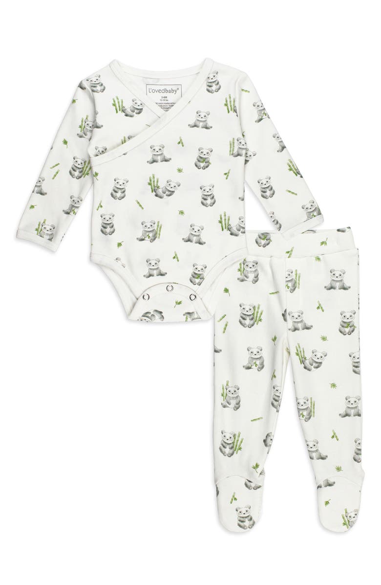 L'ovedbaby Panda Print Organic Cotton Faux Wrap Bodysuit & Footed Pants, Main, color, 