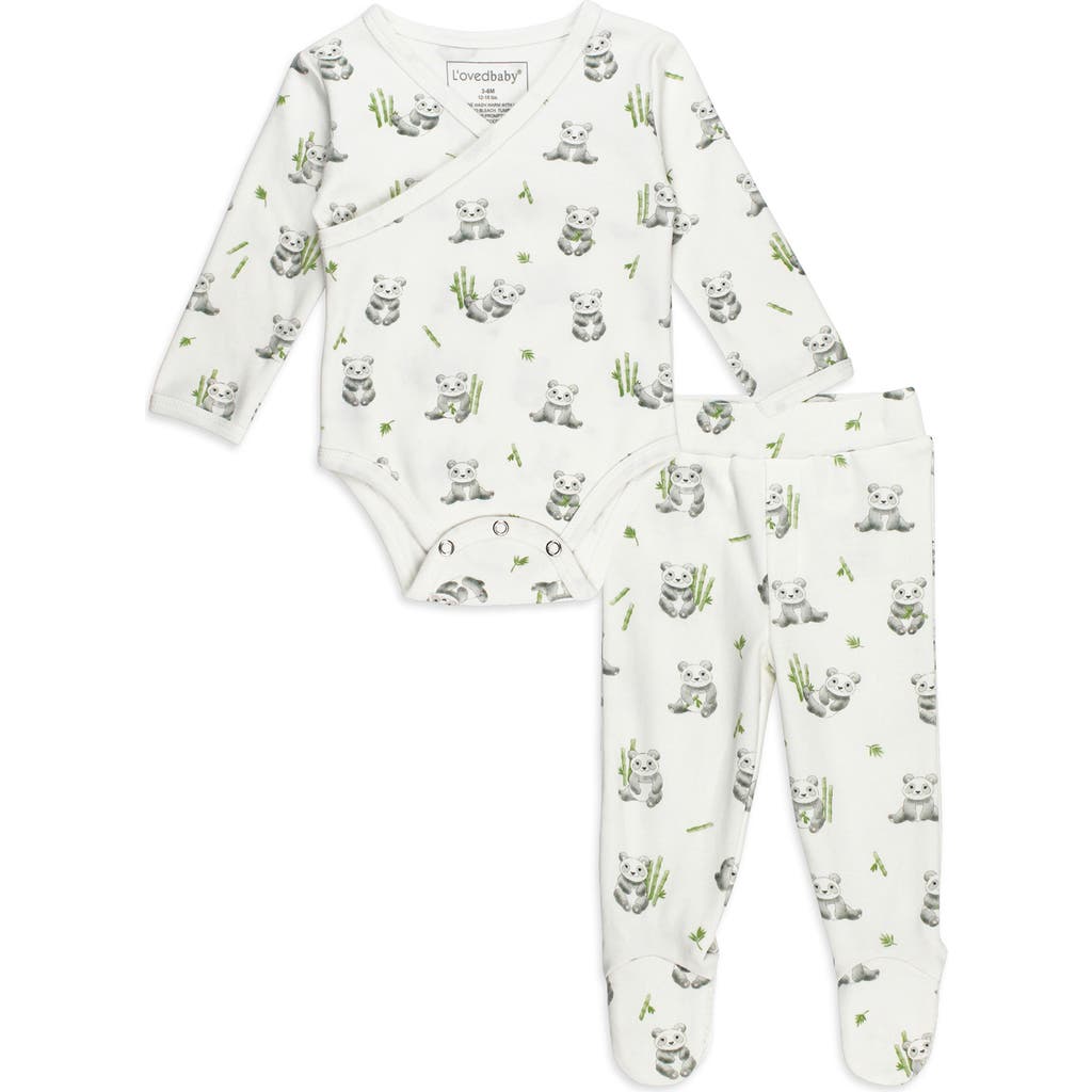 L'ovedbaby Panda Print Organic Cotton Faux Wrap Bodysuit & Footed Pants In Baby Panda