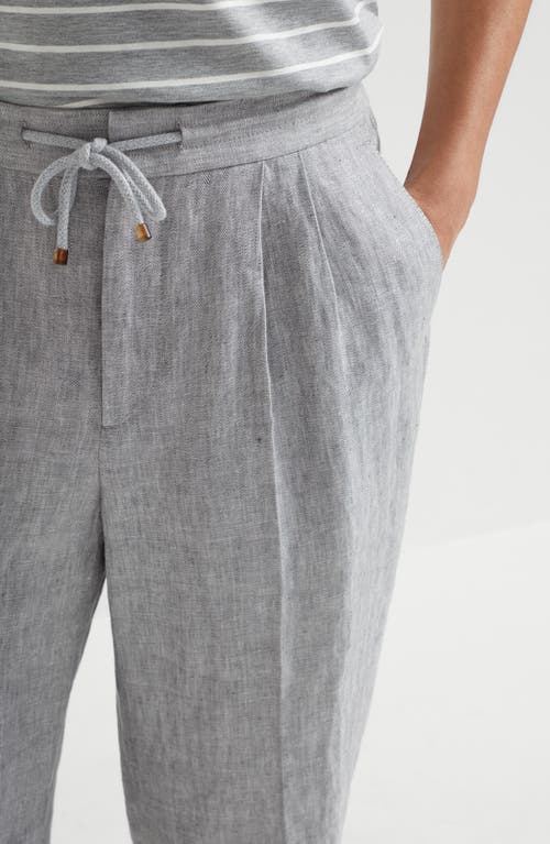 Brunello Cucinelli Men Linen Chevron Leisure Fit Pants With Drawstring And Double Pleats In Grey