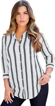 Roaman's Plus Size Kate Long Sleeve Easy Cotton-Blend Button-Front Shirt