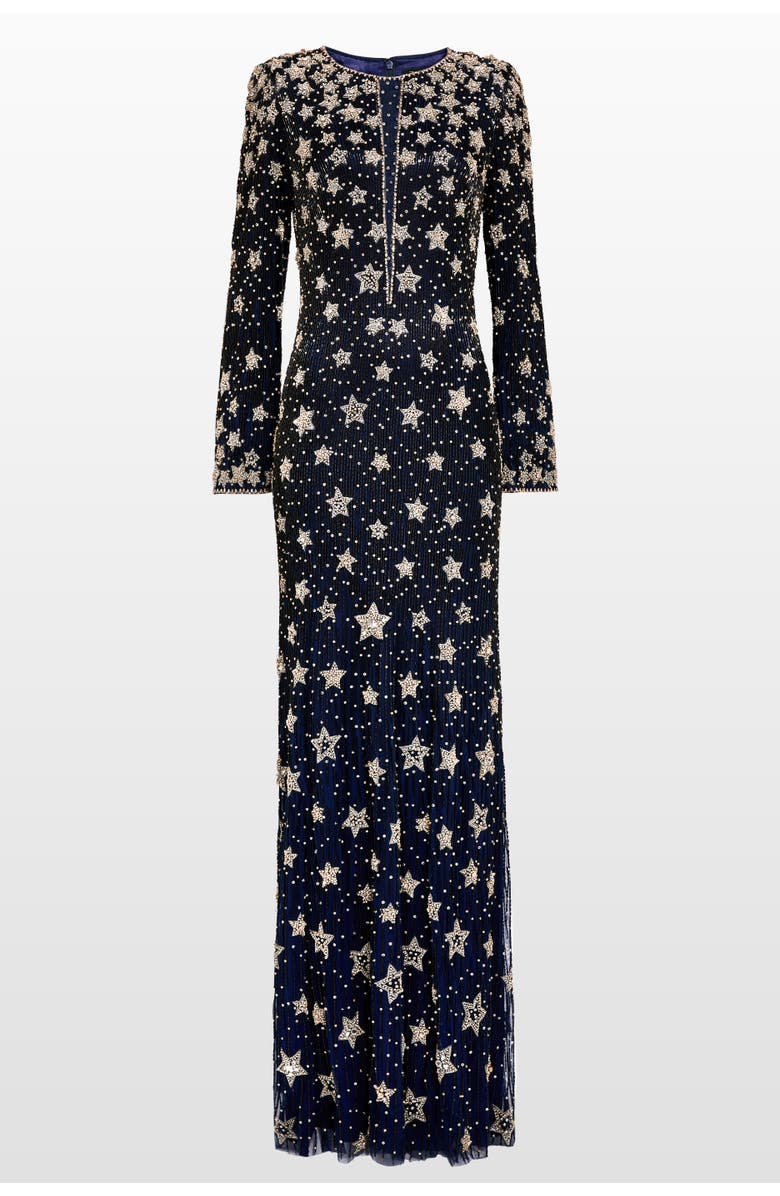 Jenny Packham Madrigal star-embellished long-sleeve maxi dress, Main, color, Blackthorne Blue