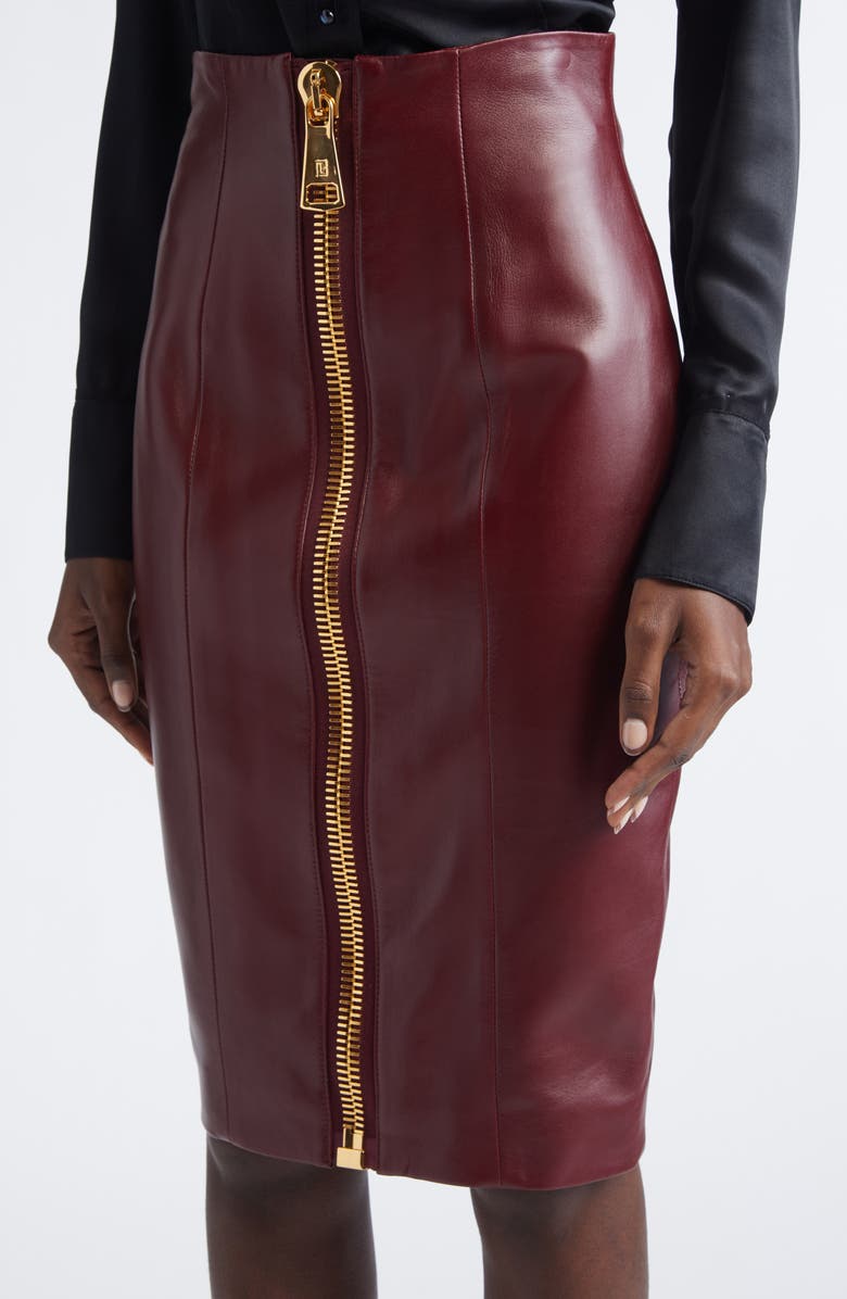 Balmain Zipped High Waist Lambskin Leather Pencil Skirt, Alternate, color, Burgundy