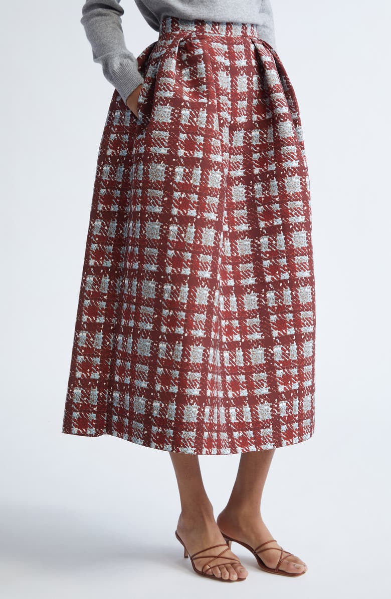 Oscar de la Renta Plaid Textured Faille A-Line Skirt, Alternate, color, Burgundy/ Blue