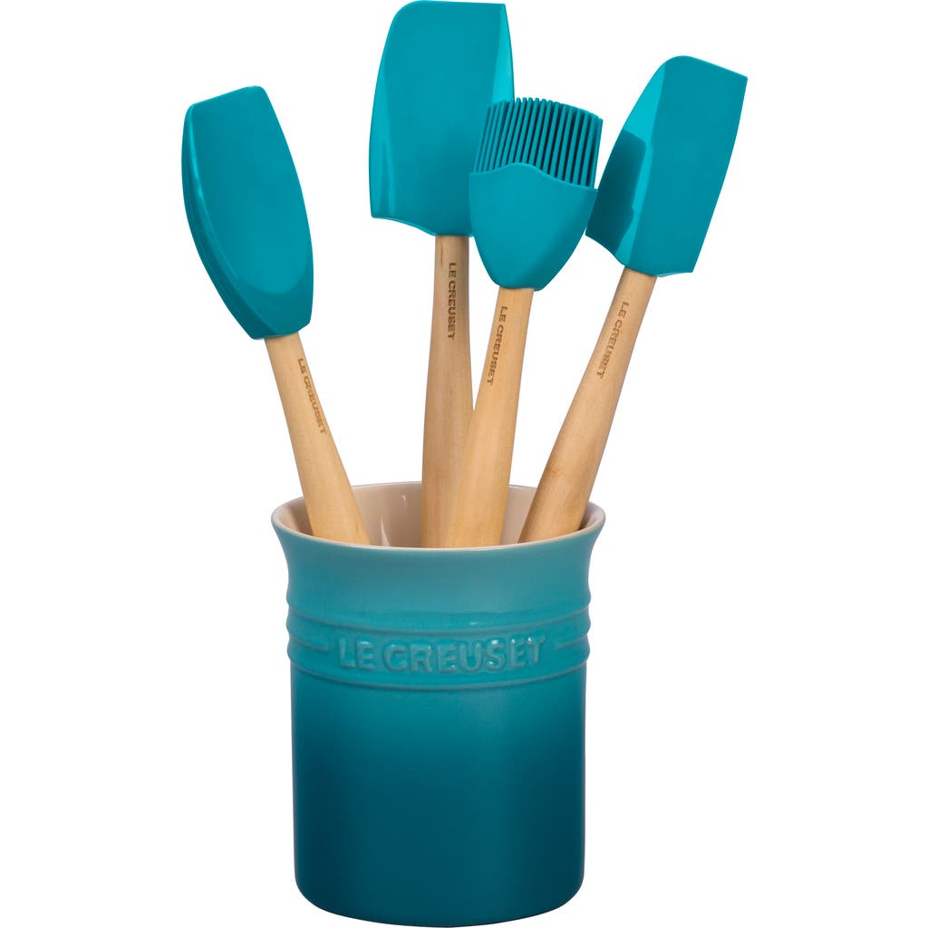 Le Creuset 5 Piece Utensil Set With Stoneware Utensil Crock In Caribbean
