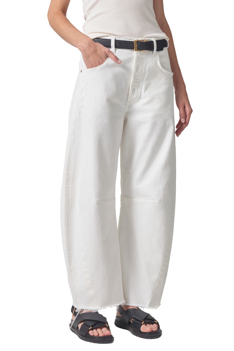 Horseshoe Frayed Superhigh Waist Ankle Barrel Jeans, Main, color, JICAMA