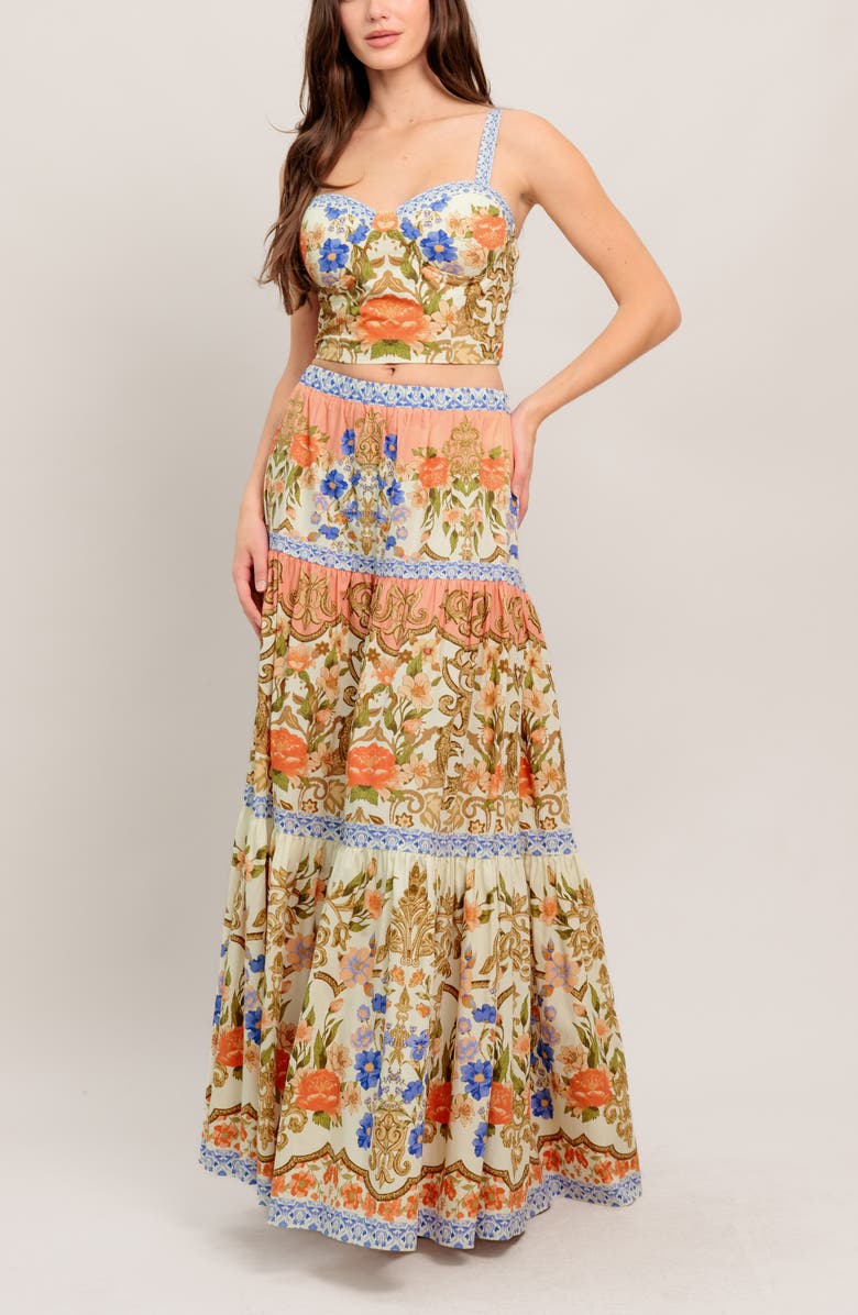 FLYING TOMATO Floral Cotton Crop Top & Maxi Skirt Set, Alternate, color, Cream Multi