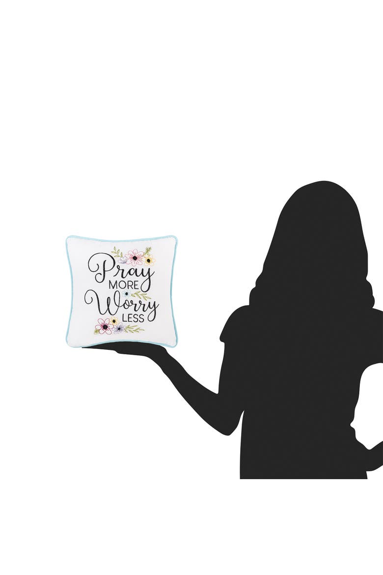 Pray More Worry Less Embroidered Small Petite Throw Pillow, 10" x 10", Alternate, color, White