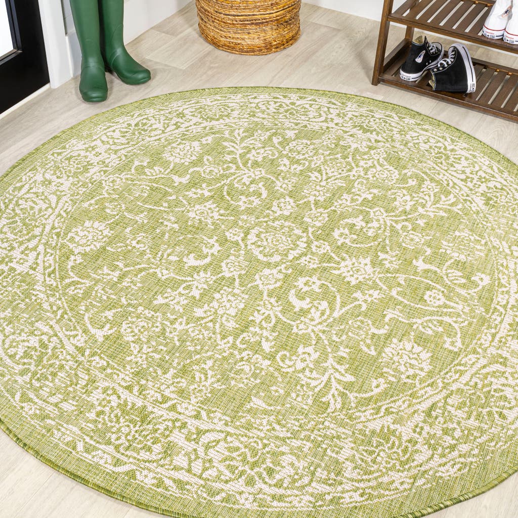 Jonathan Y Tela Bohemian Textured Weave Floral Indoor/outdoor Round Area Rug In Green/cream