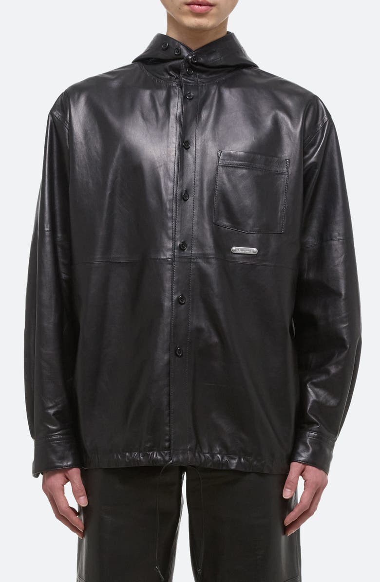 Helmut Lang Hoodie Lambskin Leather Button-Up Shirt, Main, color, 