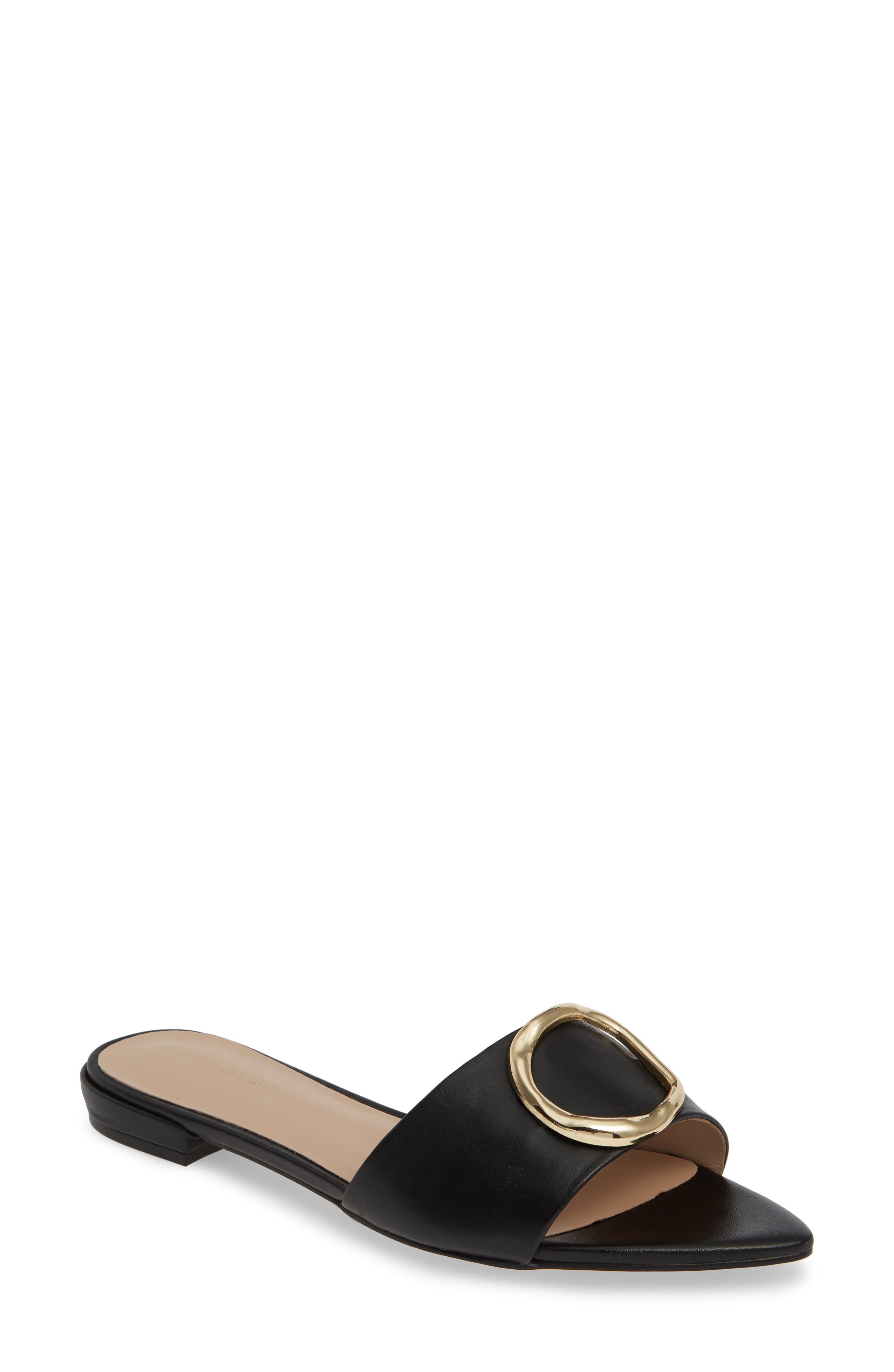 Cassie Pointy Toe Slide Sandal, Main, color, BLACK LEATHER