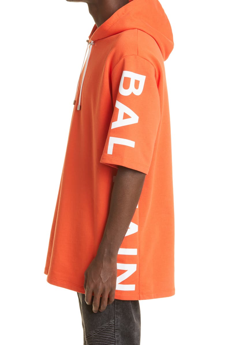 Balmain Short Sleeve Graphic Hoodie, Alternate, color, Orange/ White