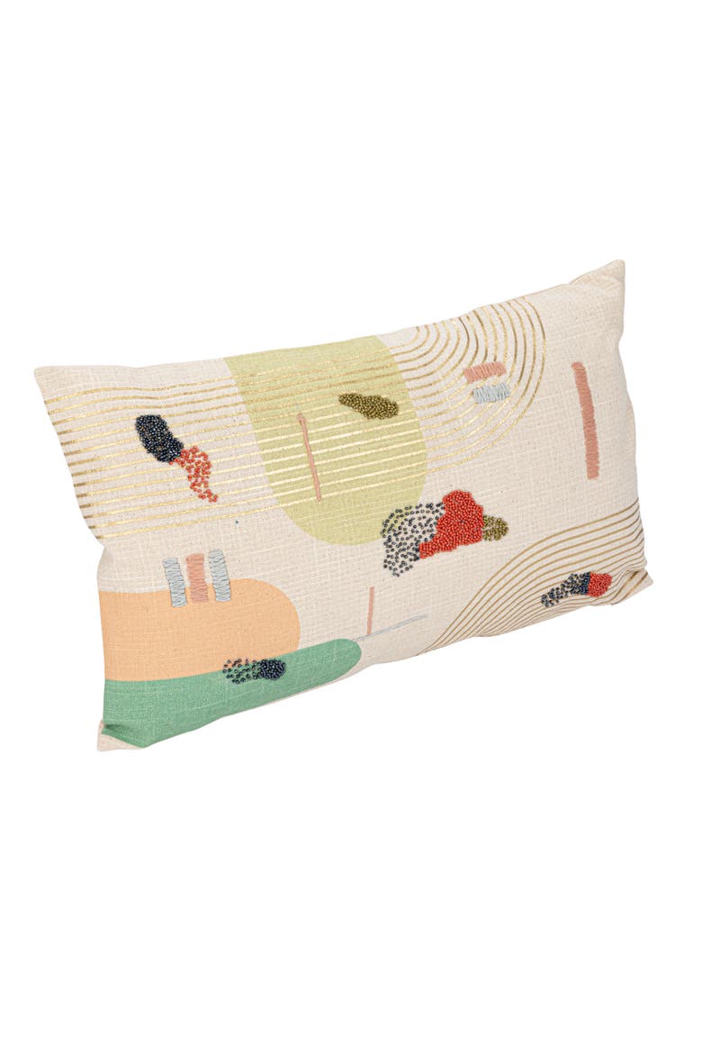 Cotton Slub Printed Lumbar Pillow with Hand-Embroidery and Beads, Main, color, Cream