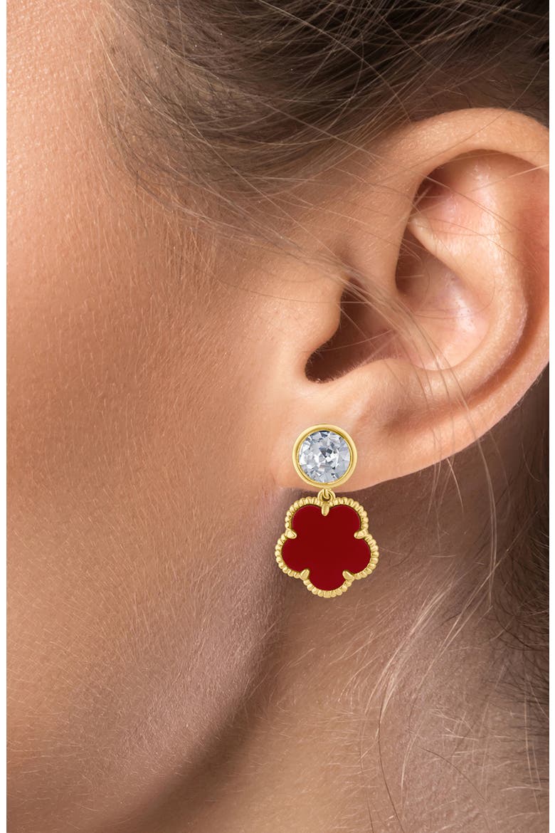 Bezel Cubic Zirconia Clover Drop Earrings, Alternate, color, RED/GOLD