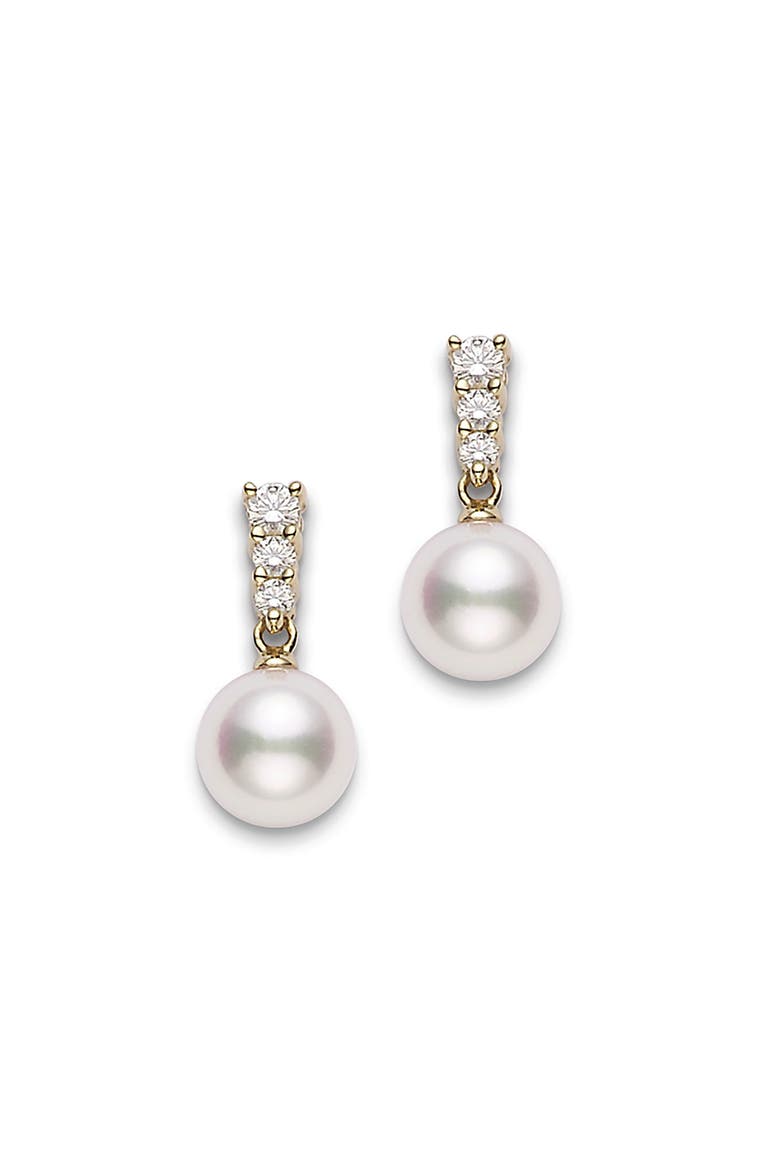 Morning Dew Diamond & Akoya Pearl Earrings, Main, color, YELLOW GOLD/ DIAMOND/ PEARL