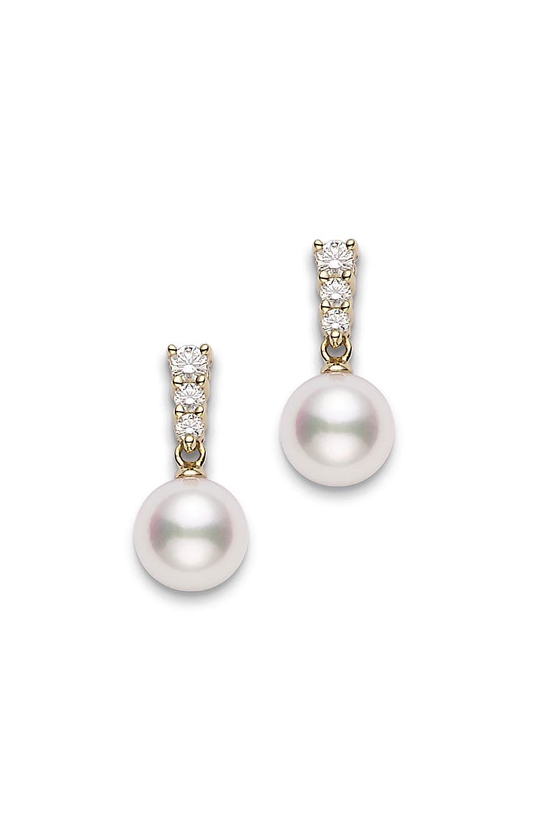 Mikimoto Morning Dew Diamond & Akoya Pearl Earrings, Main, color, Yellow Gold/ Diamond/ Pearl