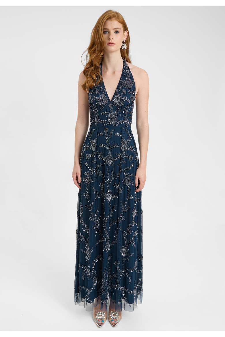 Embellished Sequin Beaded Maxi Dress With Halter Neck With Deep V-Cut, Main, color, NAVY