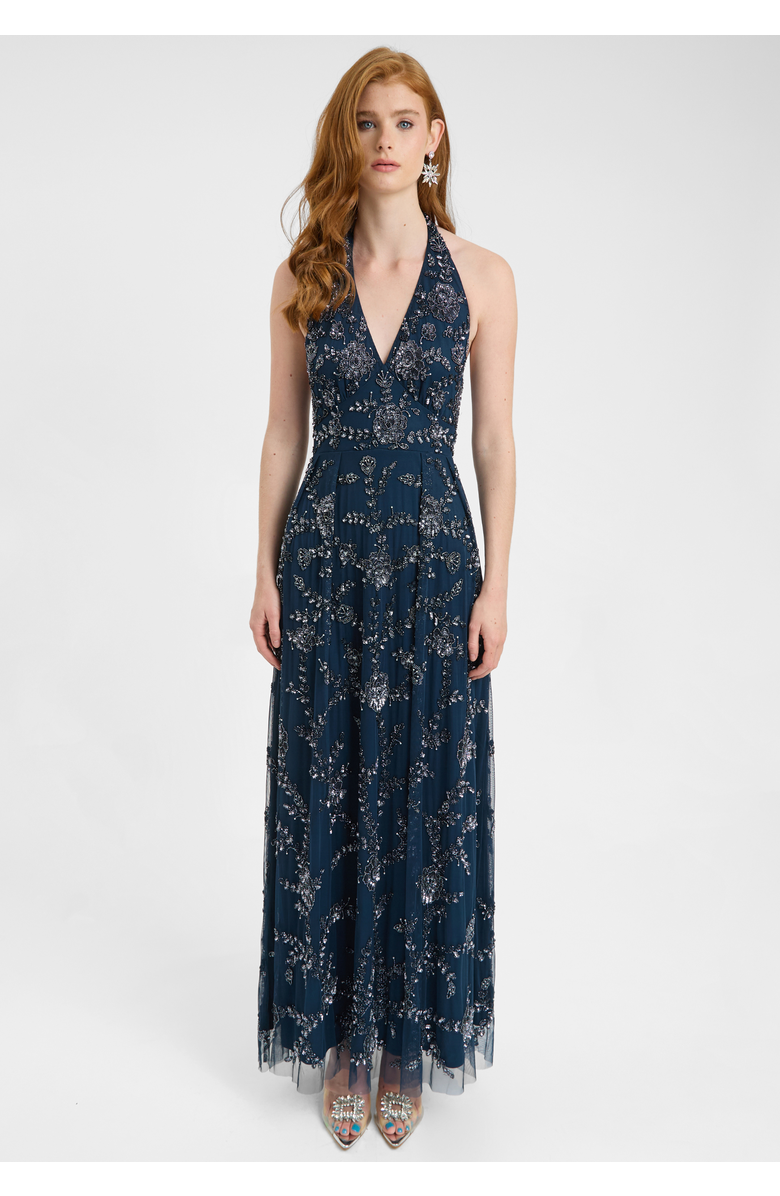 BEAUUT Embellished Sequin Beaded Maxi Dress With Halter Neck With Deep V-Cut, Main, color, Navy
