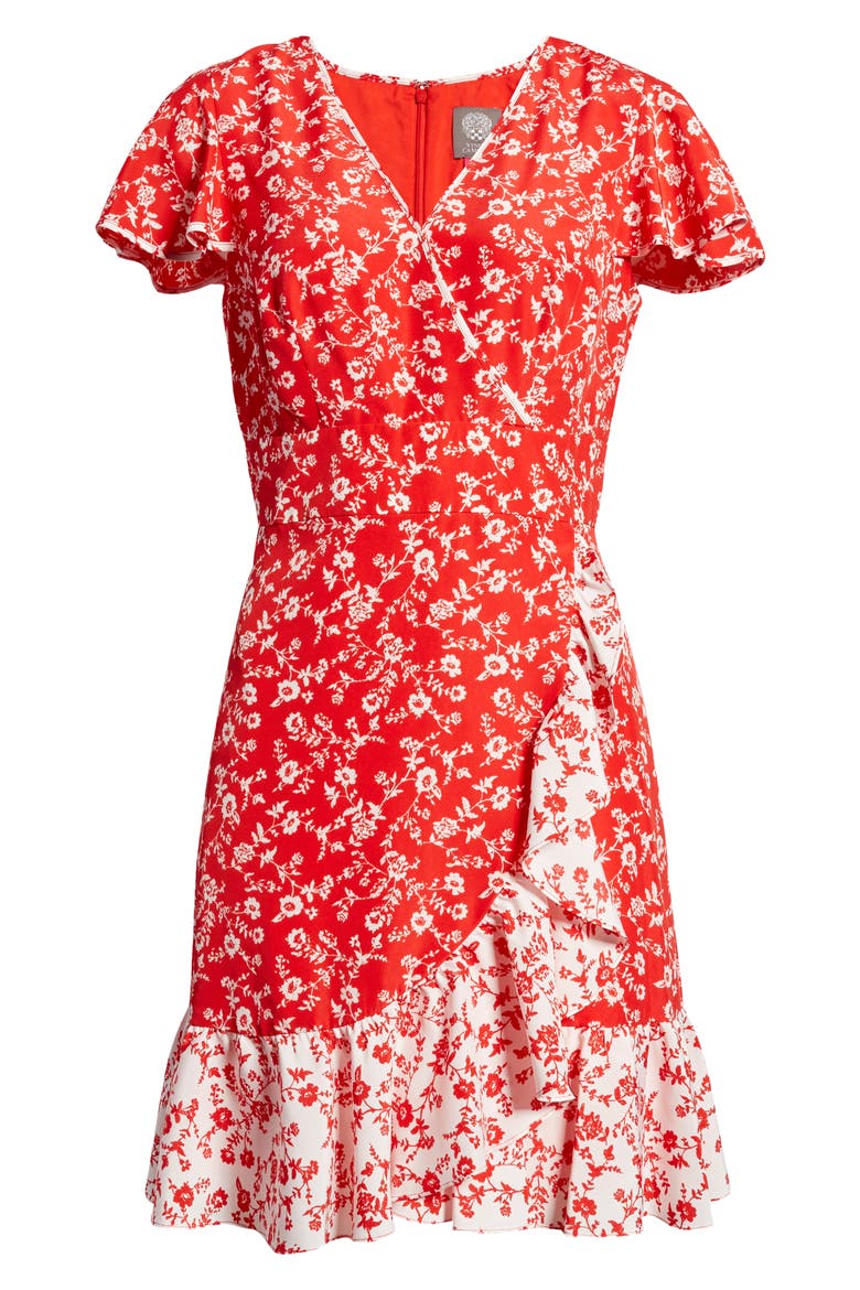 Floral Faux Wrap Dress, Alternate, color, RED