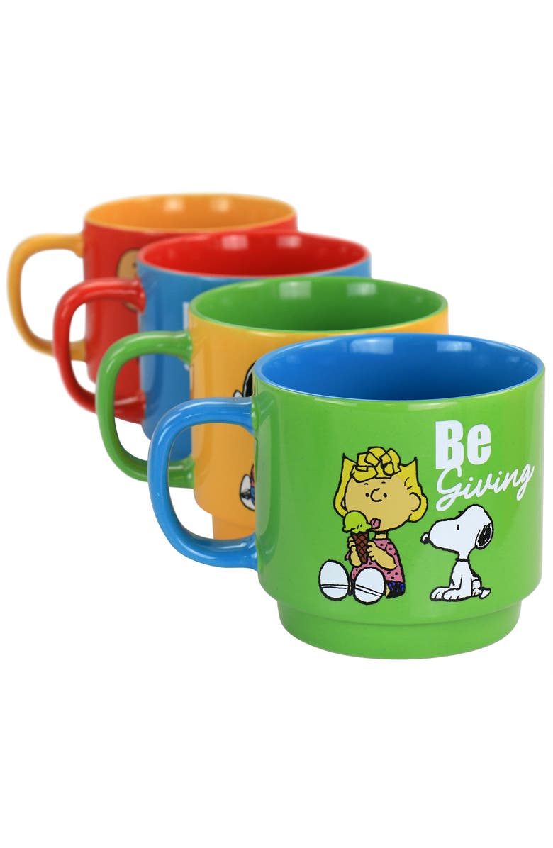 Gibson Classic Gentle Reminders Collection 4 Piece Stoneware Stackable Mug Set with Metal Stand, Alternate, color, Blue