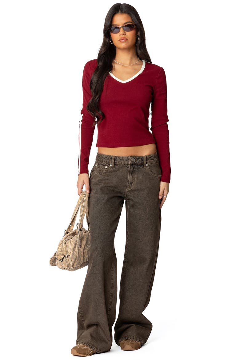 Contrast Trim Long Sleeve T-Shirt, Alternate, color, BURGUNDY