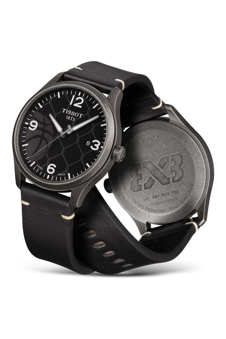 Men's Gent XL 3x3 Street Basketball Leather Strap Watch, 42mm, Alternate, color, GREY