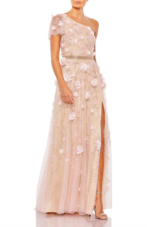 Floral Embellished One Shoulder A Line Gown