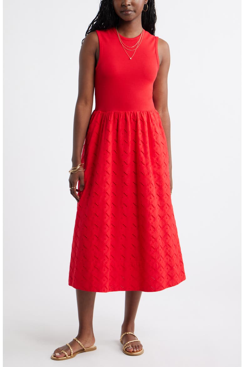 Mixed Media Midi Dress, Main, color, RED RADISH