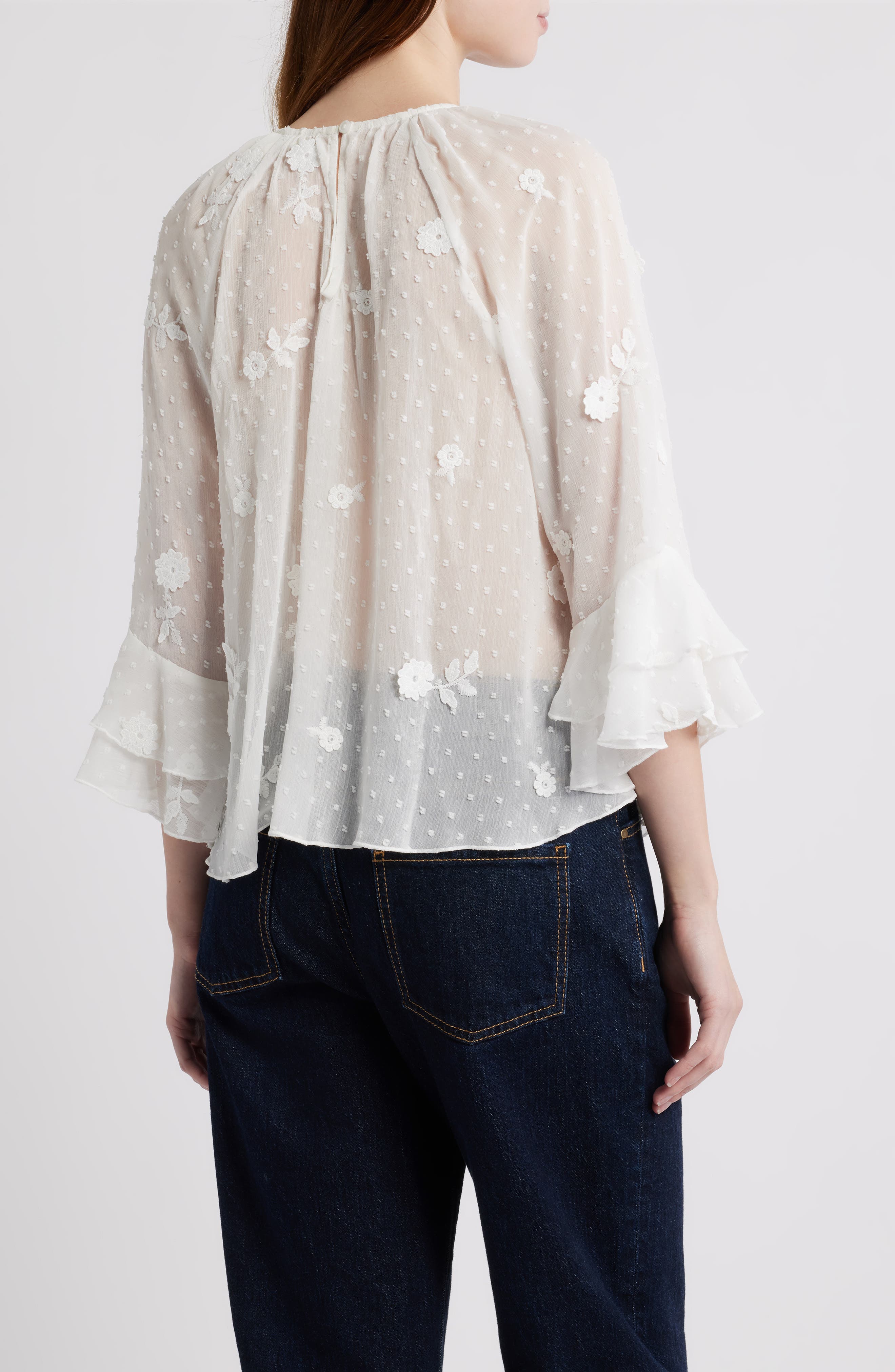 Floral Applique & Clip Dot Chiffon Top - image 2