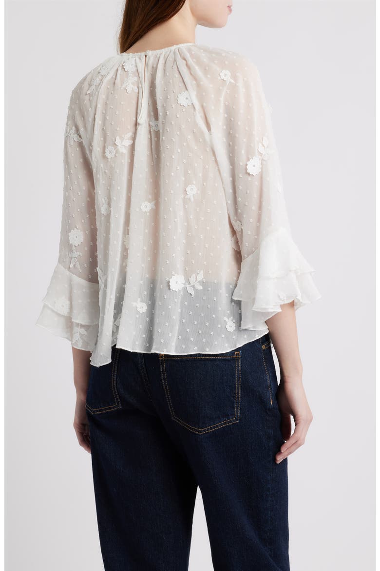 Floral Appliqué & Clip Dot Chiffon Top, Alternate, color, WHITE