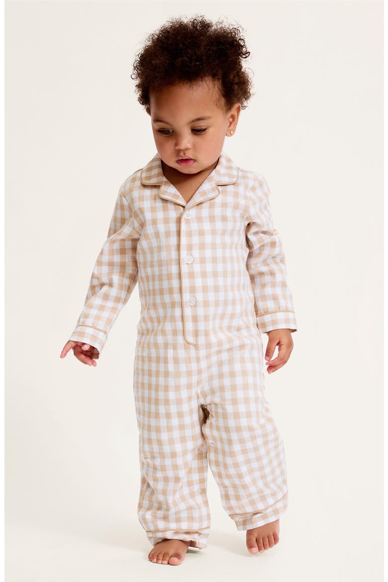 Gingham One-Piece Brushed Twill Pajamas, Alternate, color, BEIGE
