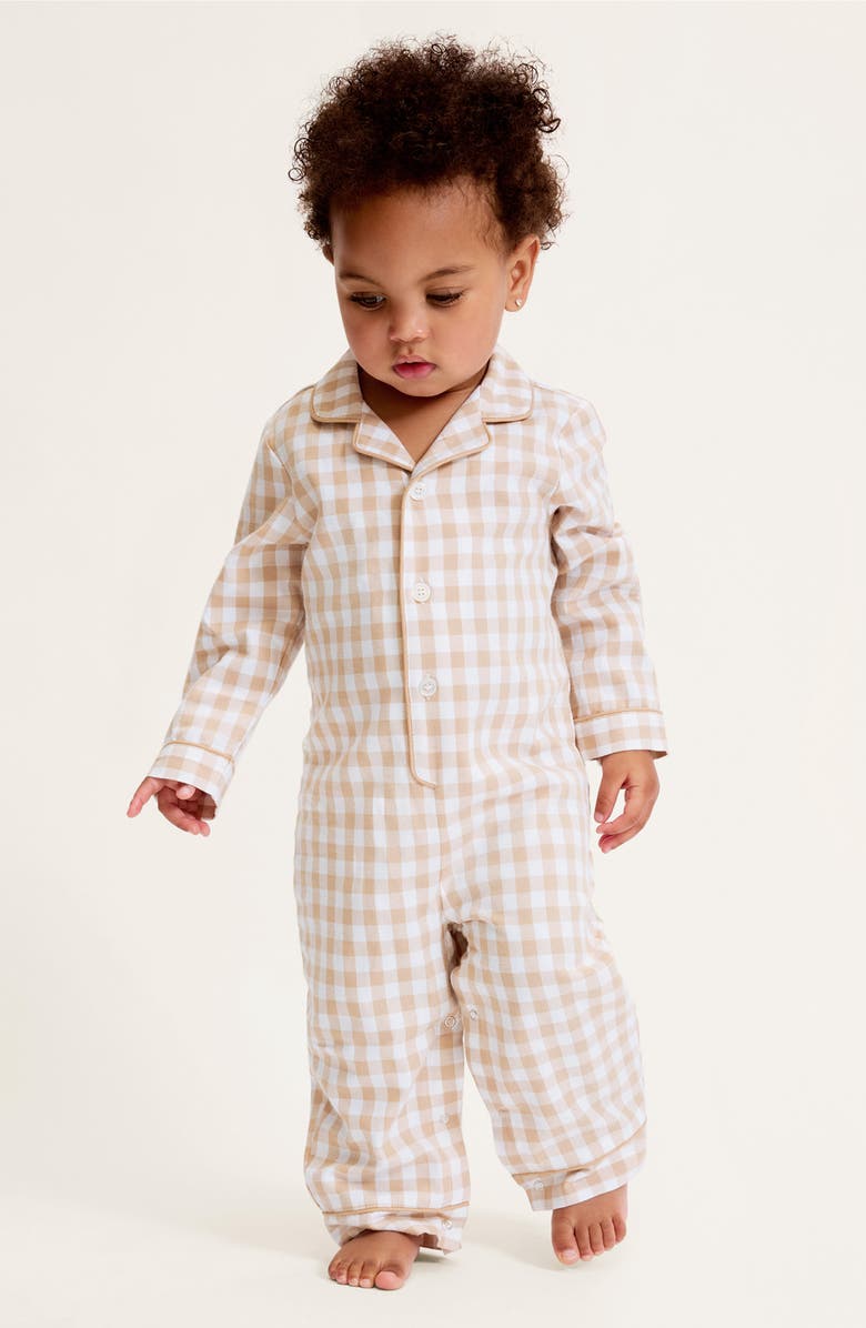 Petite Plume Gingham One-Piece Brushed Twill Pajamas, Alternate, color, Beige