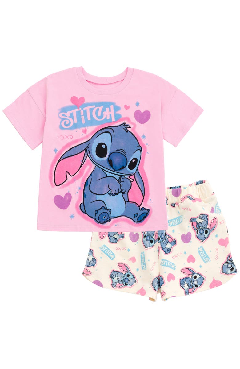 Disney Airbrush Graphic Short Sleeve Tee and French Terry Dolphin Shorts Outfit, Main, color, Stitch Pink Blue
