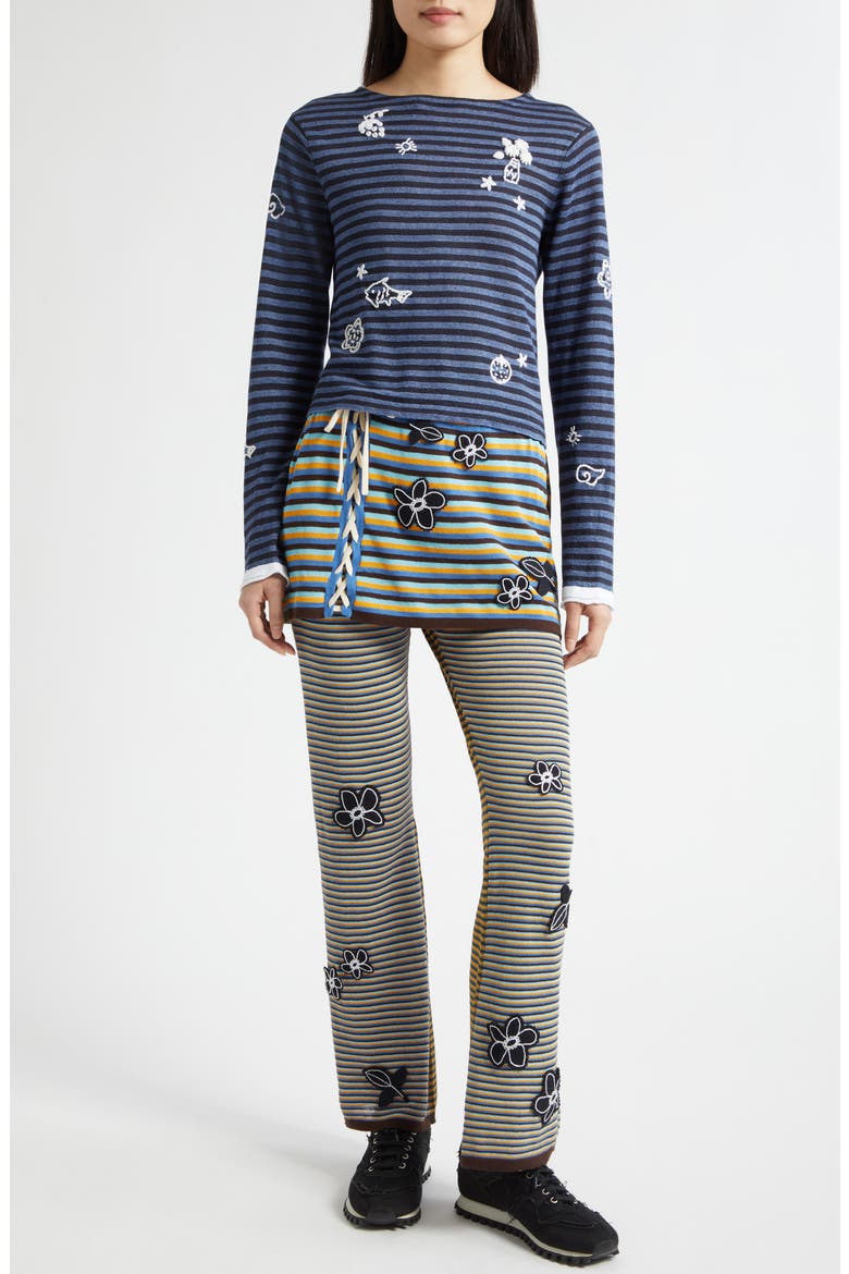 Romy Stripe & Flower Lace-Up Cotton Blend Skirted Pants, Alternate, color, BLUE MULTI