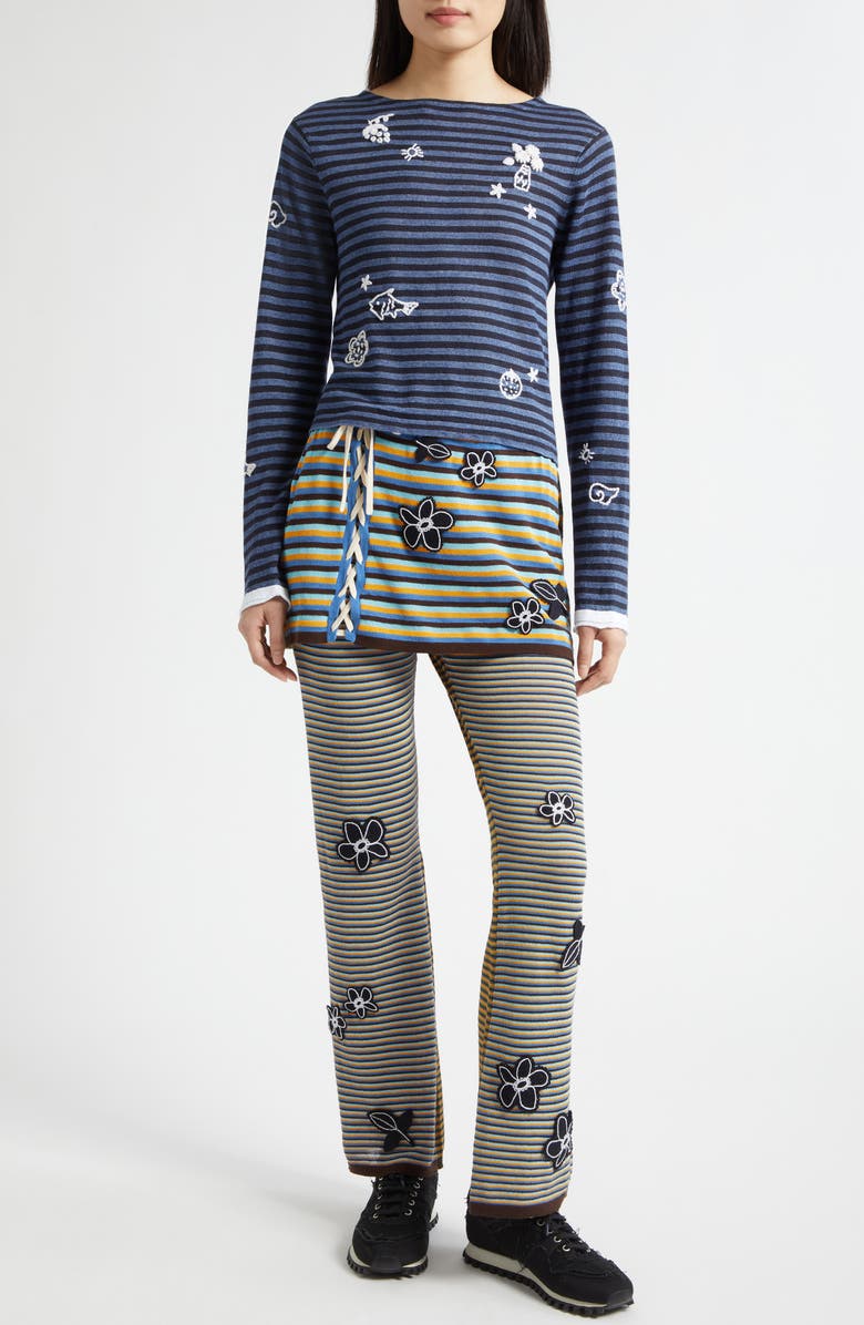 YanYan Mabo Embroidered Stripe Linen Sweater, Alternate, color, Denim/ Ink