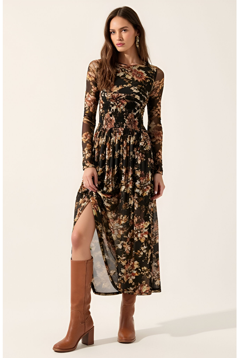Floral Mesh Midi Dress with Contour Bodice, Main, color, Floral Mesh