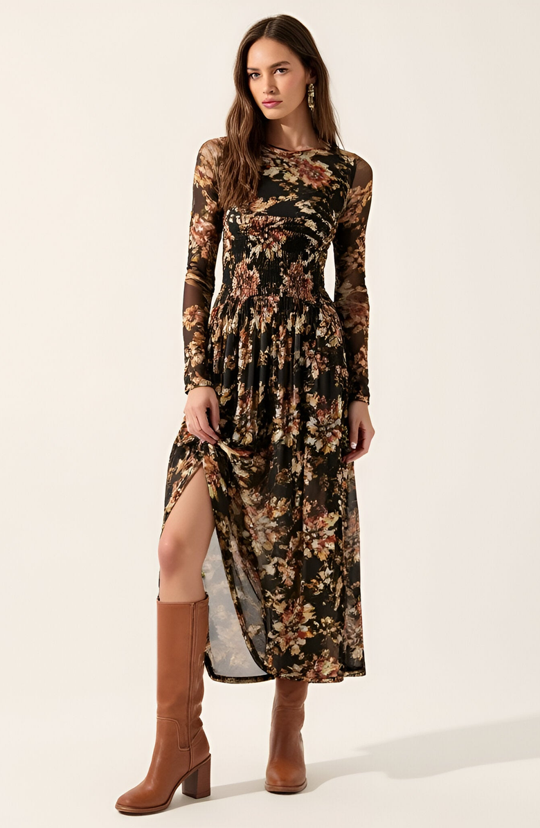 Modenaire Floral Mesh Midi Dress with Contour Bodice, Main, color, 