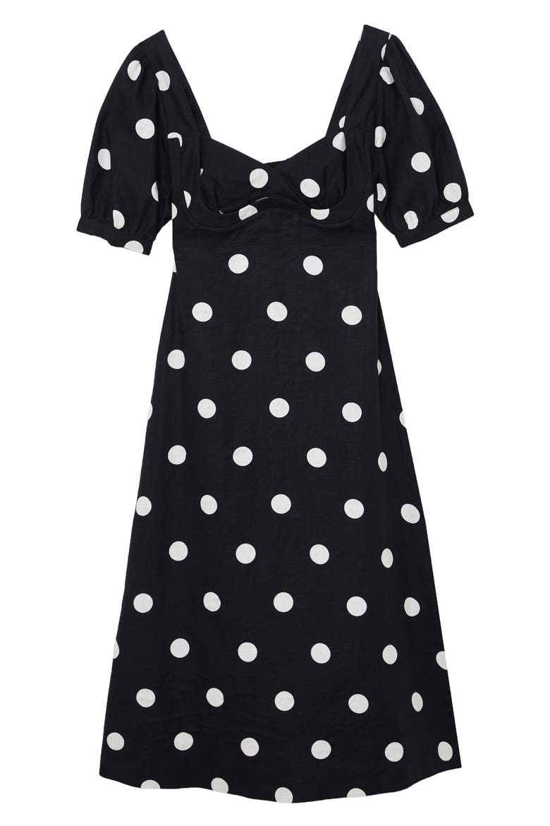 Astrid Polka Dot Puff Sleeve Open Back Linen Midi Dress, Alternate, color, NAVY/ IVORY