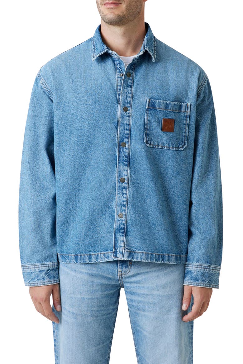 Oversize Crop Snap-Up Cotton Denim Overshirt, Main, color, BLUE