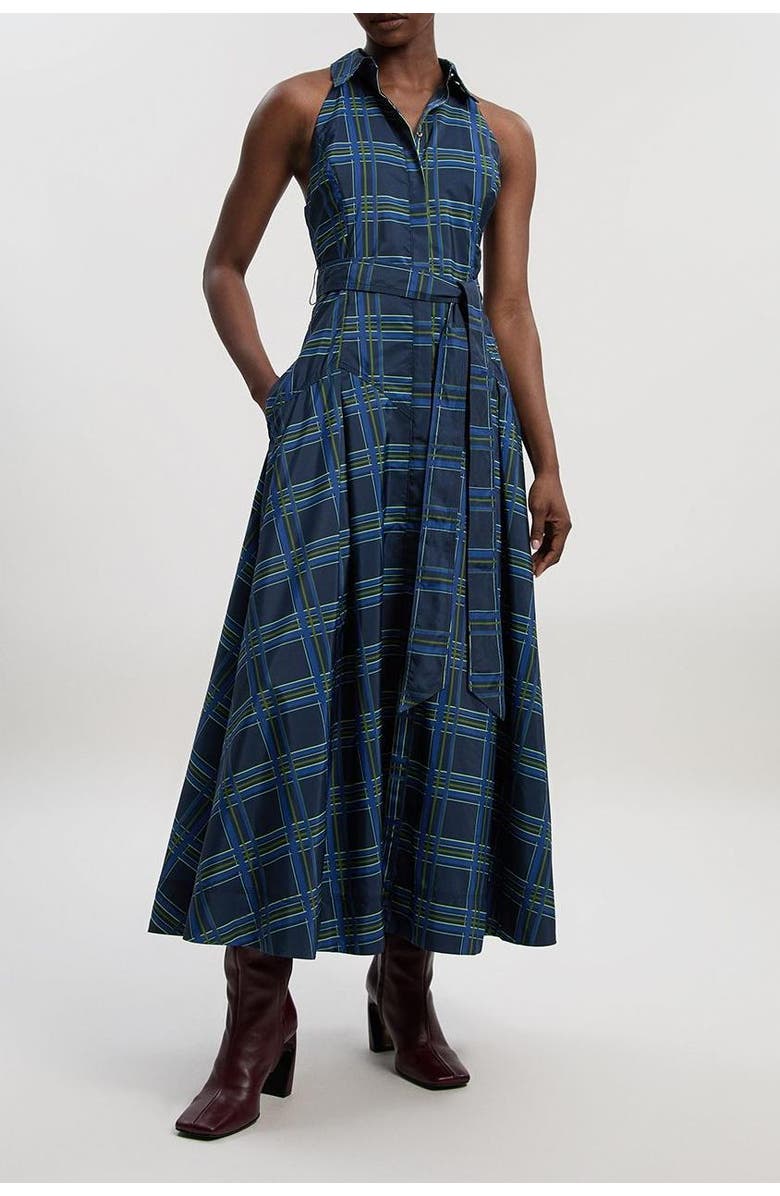 Karen Millen Check Taffeta Belted Maxi Shirt Dress, Alternate, color, Navy