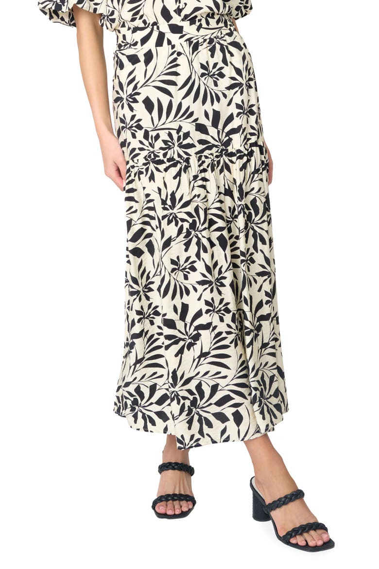 Playa Floral Tiered High Waist Maxi Skirt, Main, color, PARCHMENT/BLACK GRAPHIC PALM