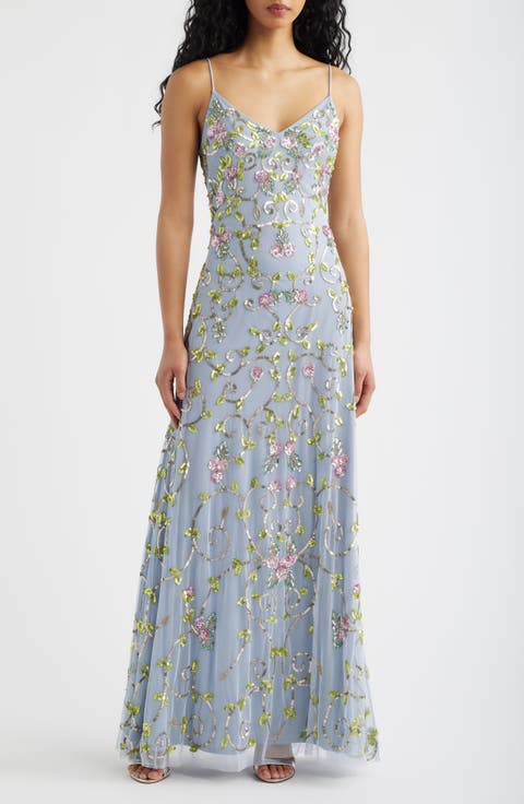 Floral Sequin Mesh Gown