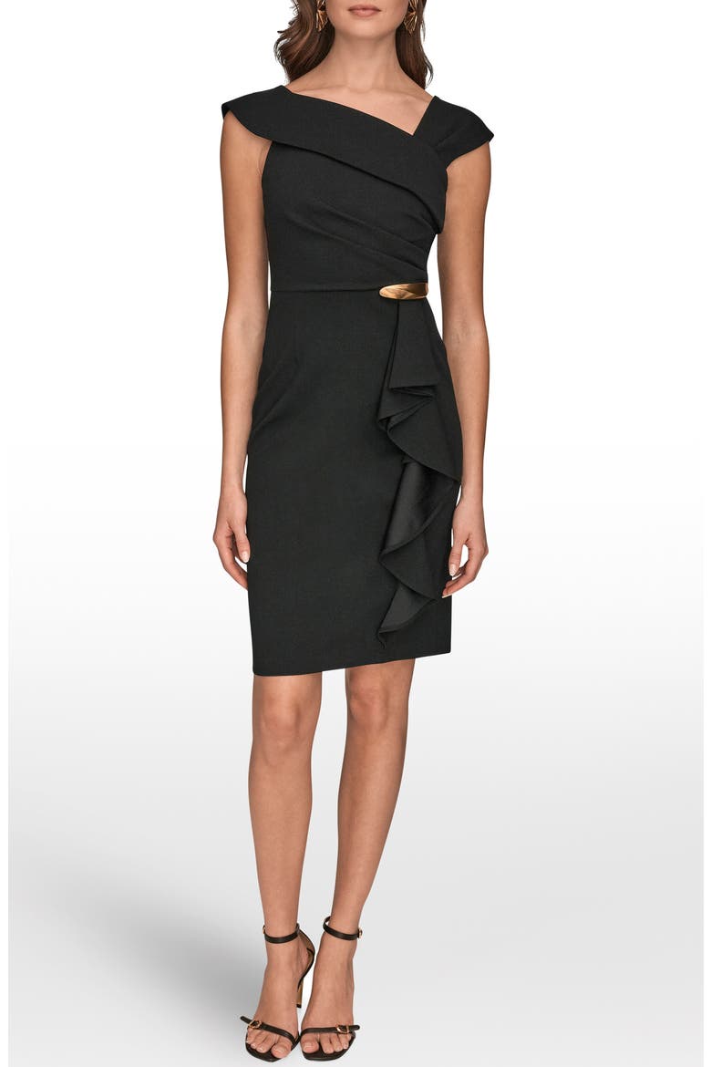 Buckle Detail Asymmetric Neck Sheath Dress, Main, color, BLACK