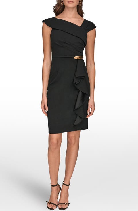 Buckle Detail Asymmetric Neck Sheath Dress