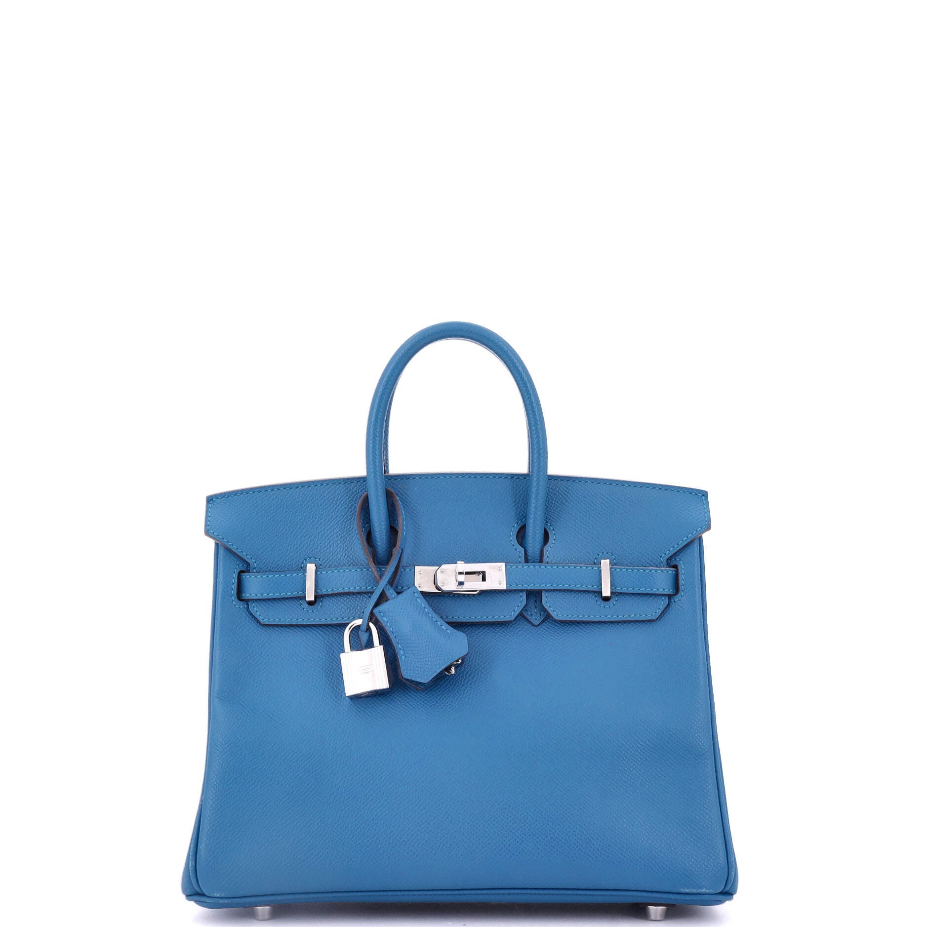 Pre-Owned Hermes Birkin Handbag Blue Epsom with Palladium Hardware 25, Main, color, Mykonos