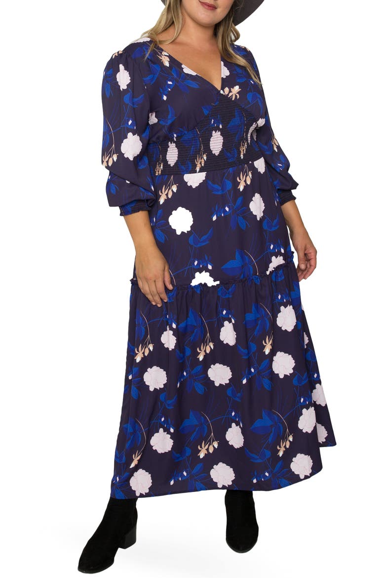 Floral Smock Waist Long Sleeve Georgette Maxi Dress, Alternate, color, BLOOMS